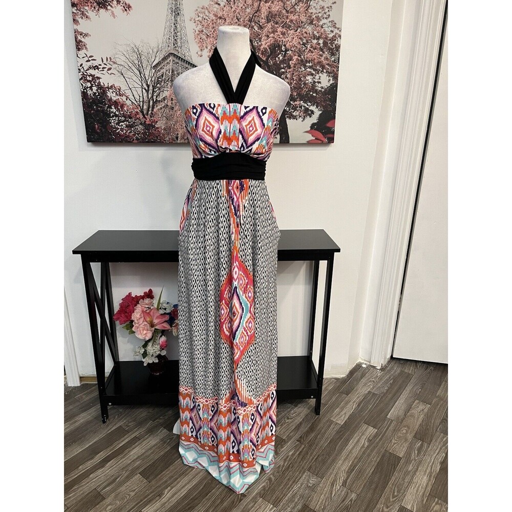 J.F.W Women’s Long Dress With Pockets Size L Halter Neck Geometric  Padded Bra